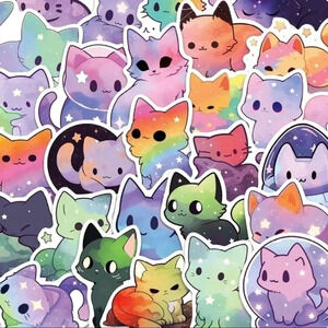 Cute fun 50 piece set vibrant vinyl stickers cat galaxy print rainbow print long
